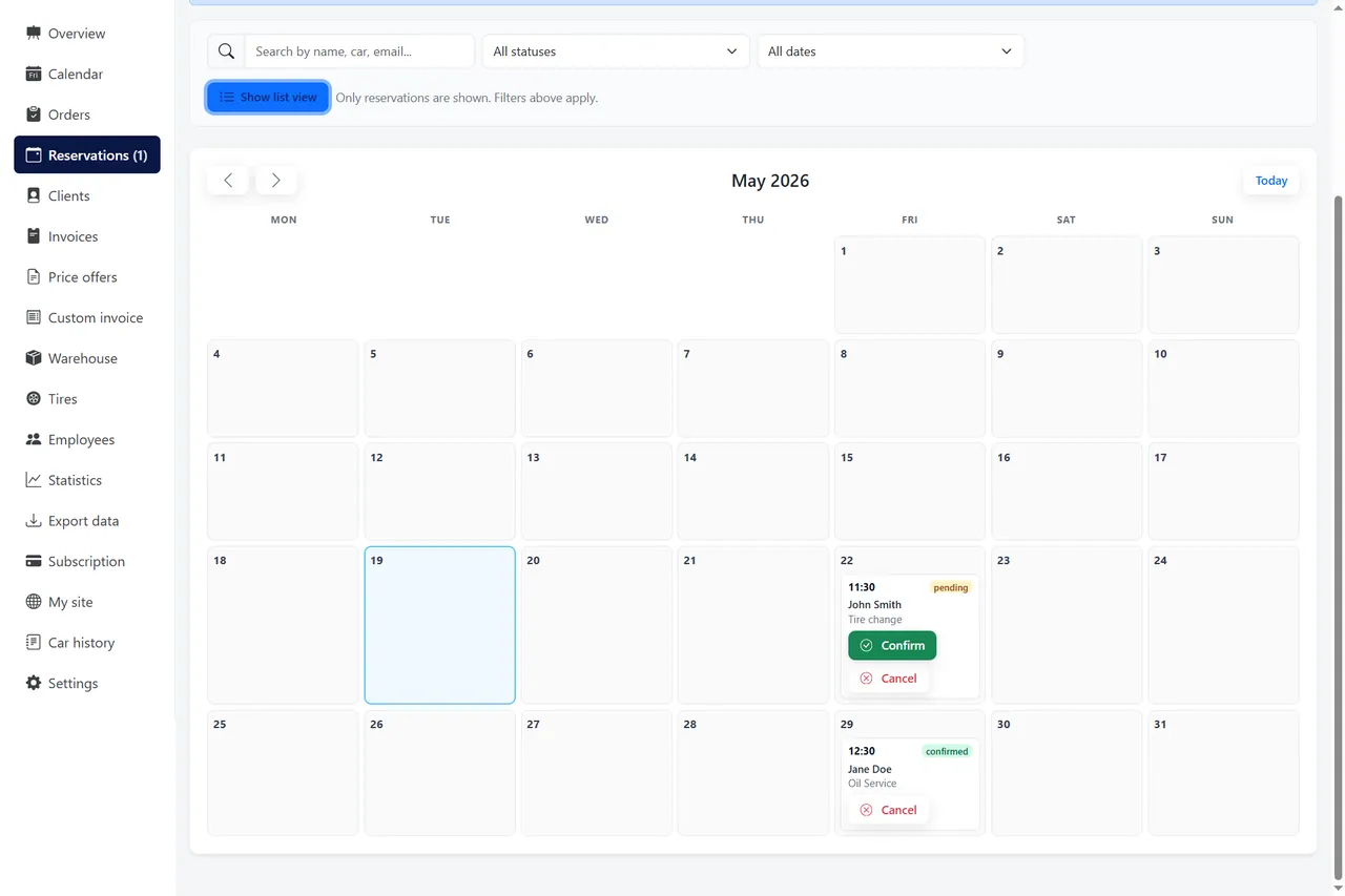 Servixa online reservation calendar for workshop bookings